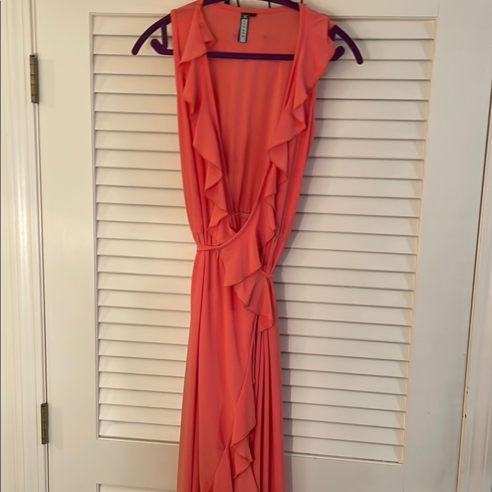Kohkoh Rich Coral Wrap Around Ruffled Edged Draped Asymmetrical Wrap Sundress
